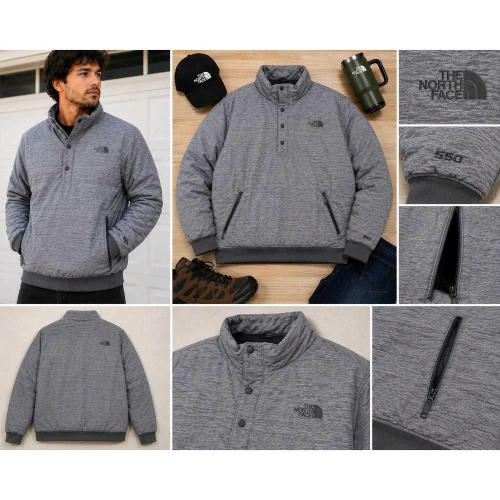 The North Face Mens Gray 550 Down Snap Neck Pullover Puffer Jacket Large